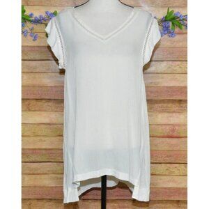 Ellen Tracy Size M Cream Very Short Sleeve Tunic Top Gauzy Cutout V-Neck Neutral